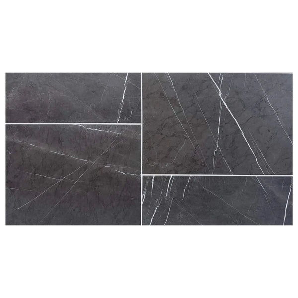 Pietra Notte dark gray marble 12x24 tile with white veining