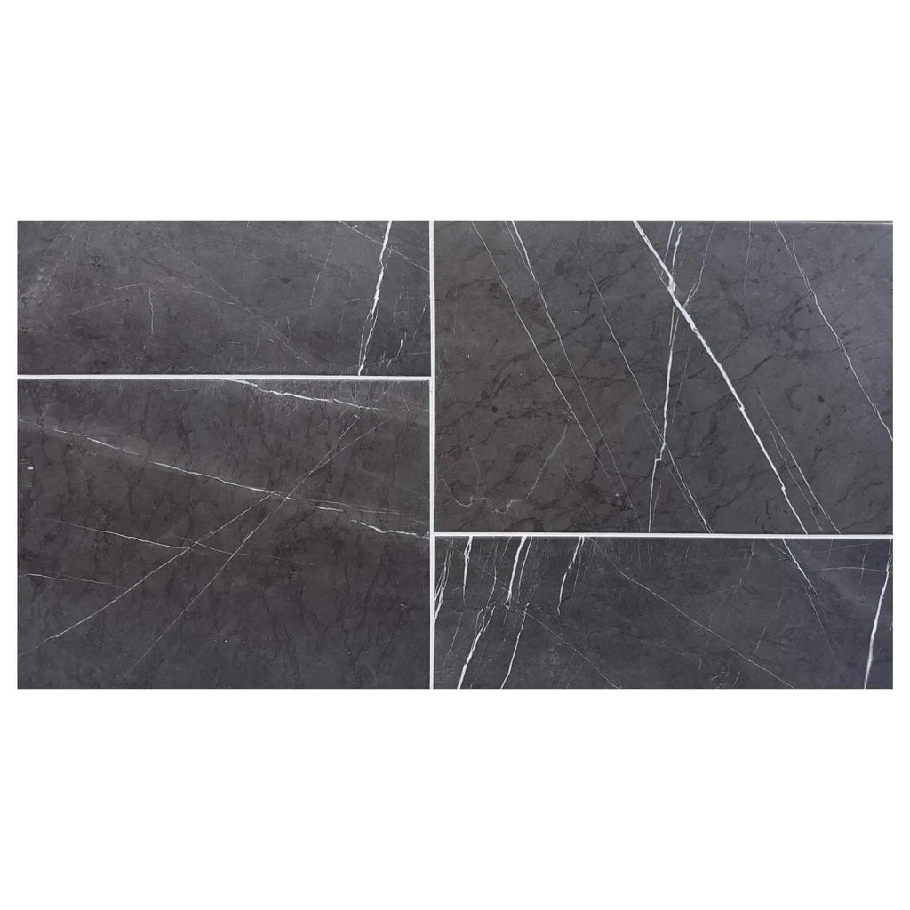 Dark gray Pietra Notte marble 24x24 tile with white veining