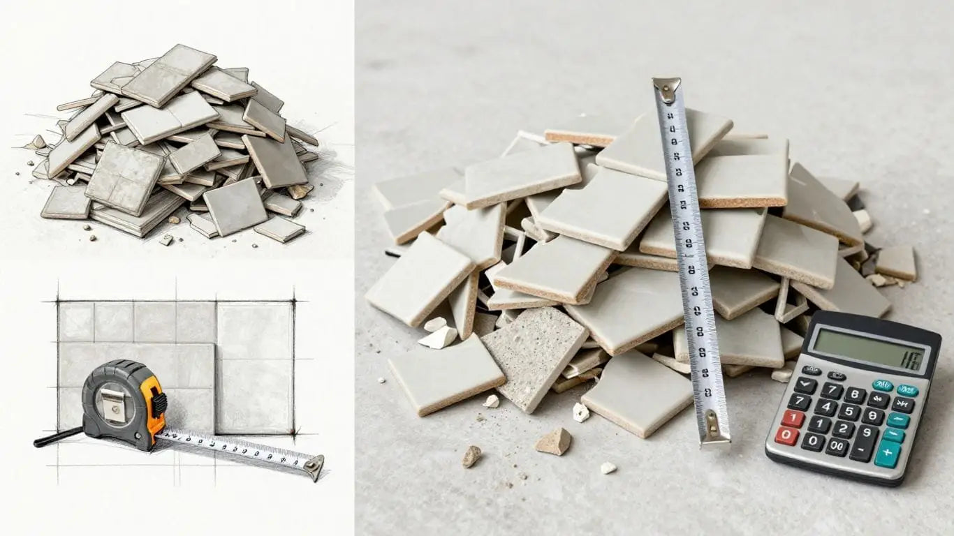 Calculating tile waste with measuring tape and cut tiles.
