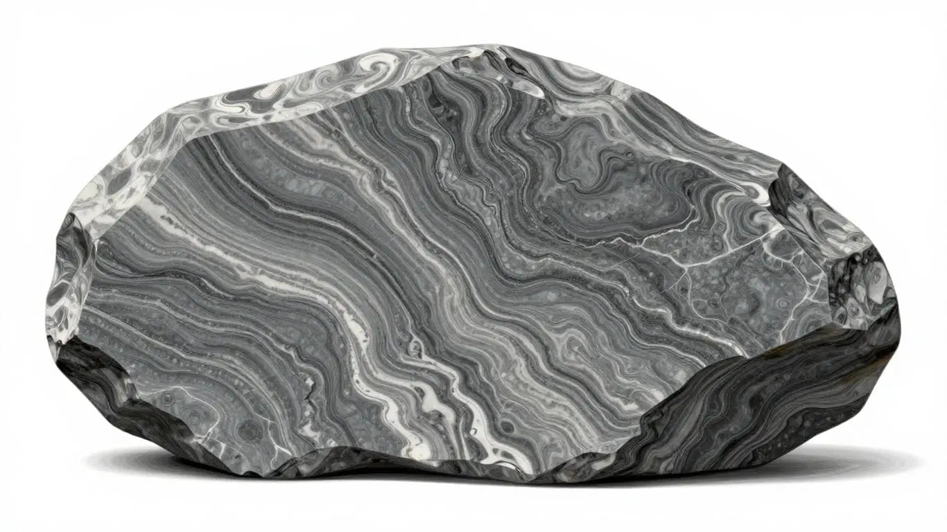 Bardiglio marble slab with swirling gray and white veins.