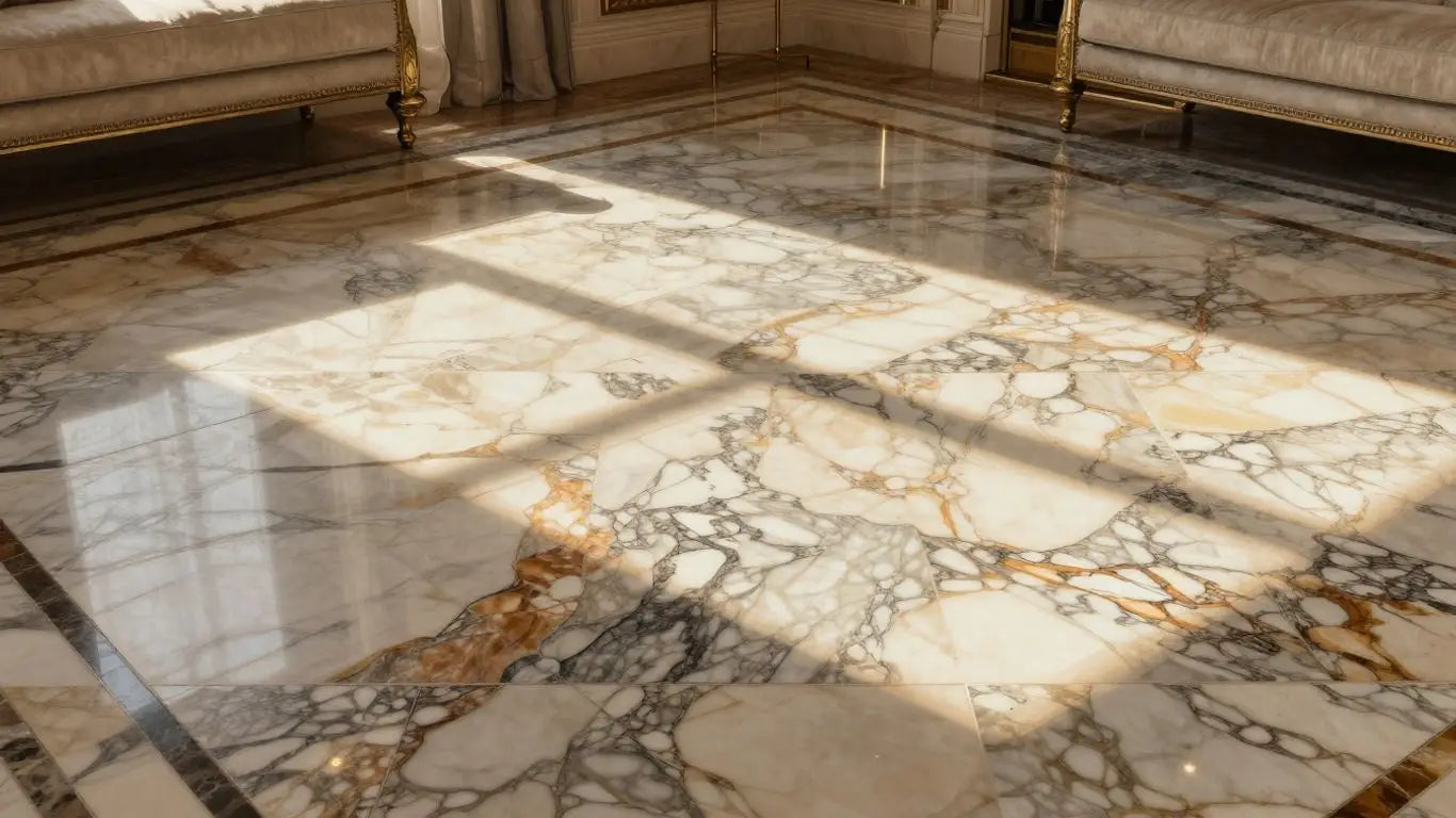 Elegant patterned marble floor in a sunlit room.