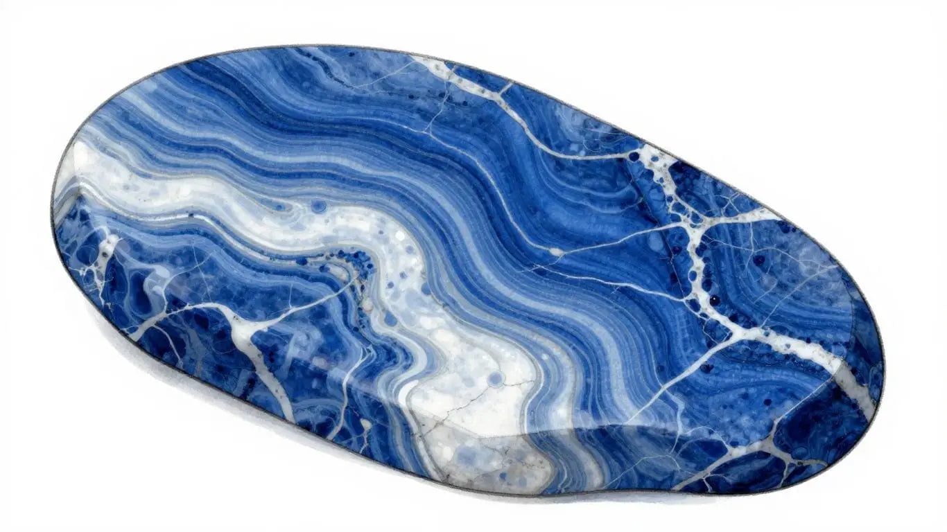 Blue Lagoon marble sketch with deep blue and white swirls.