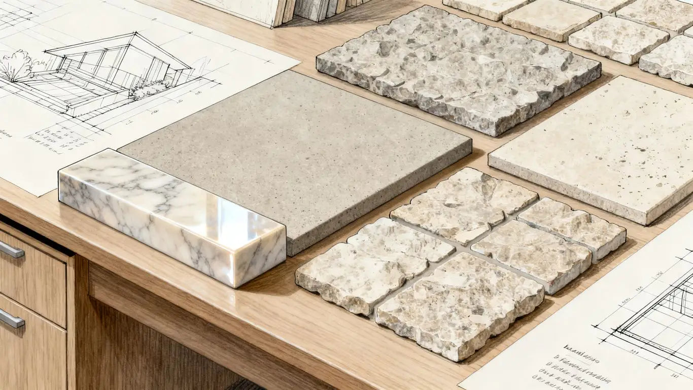 Diverse stone finish samples in light