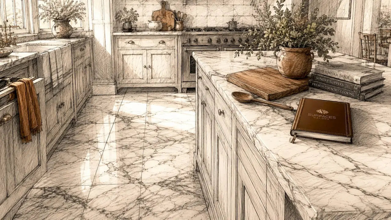 Marble tiled floor in luxury kitchen
