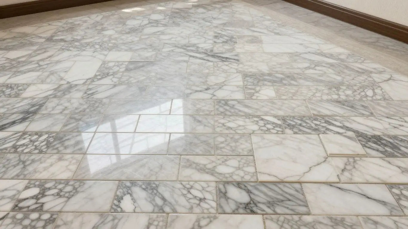 Marble mosaic tiles with intricate patterns and natural veining.