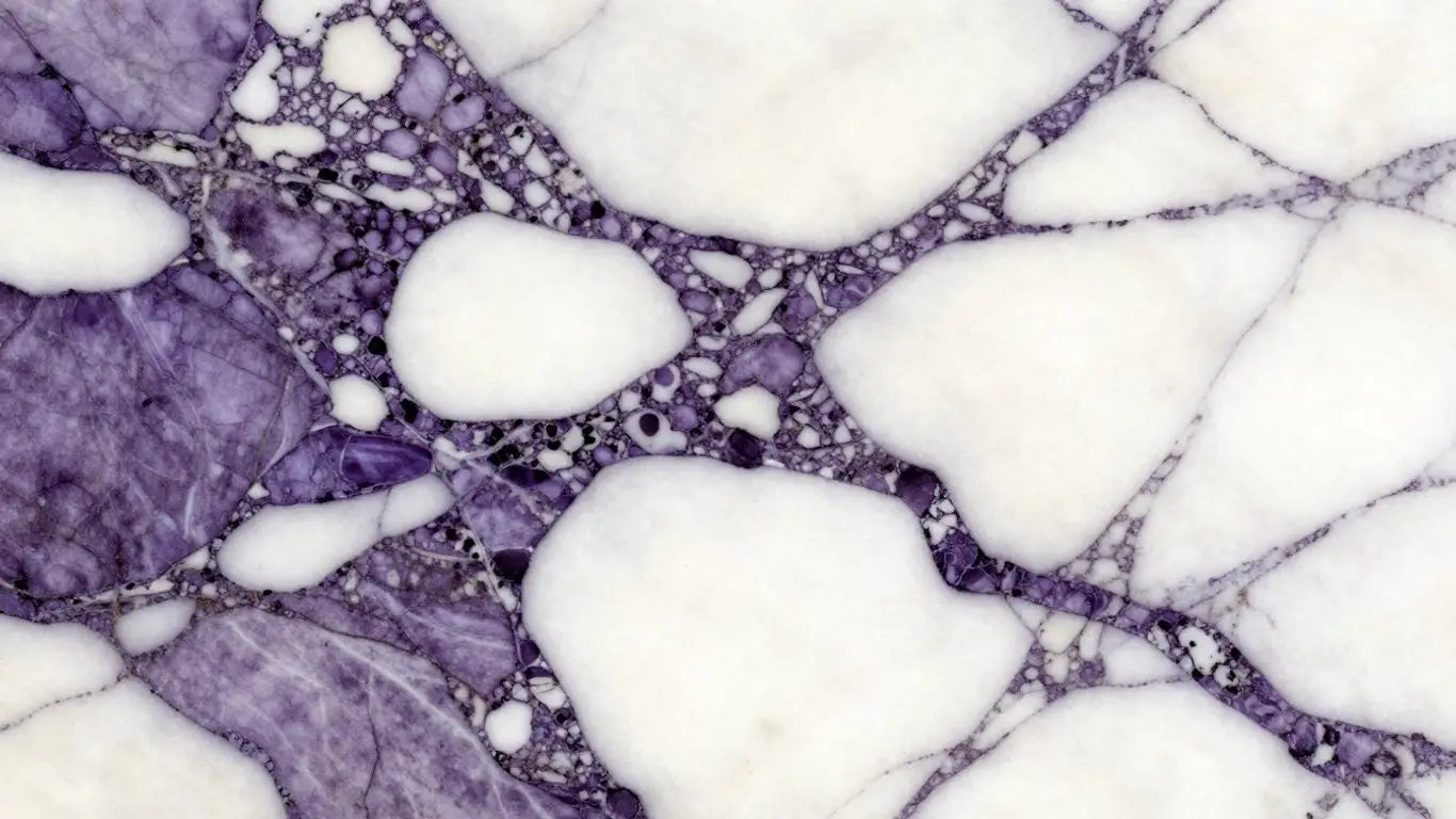 Calacatta Viola marble slab sketch with purple veins.