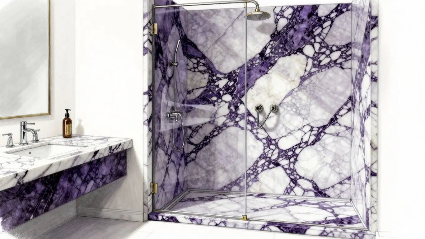 Calacatta Viola marble bathroom vanity and shower sketch.