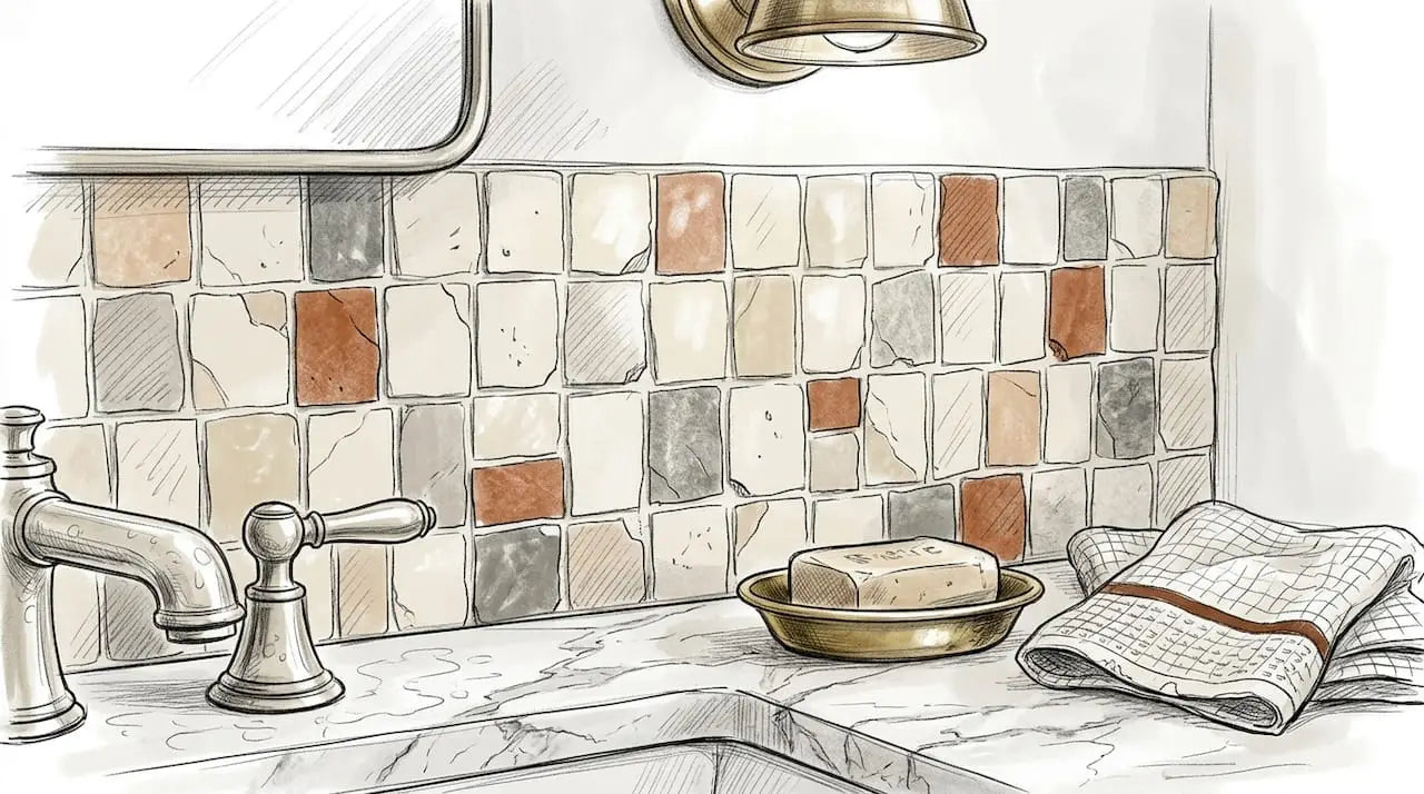 Hand-cut mosaic tile bathroom wall close-up
