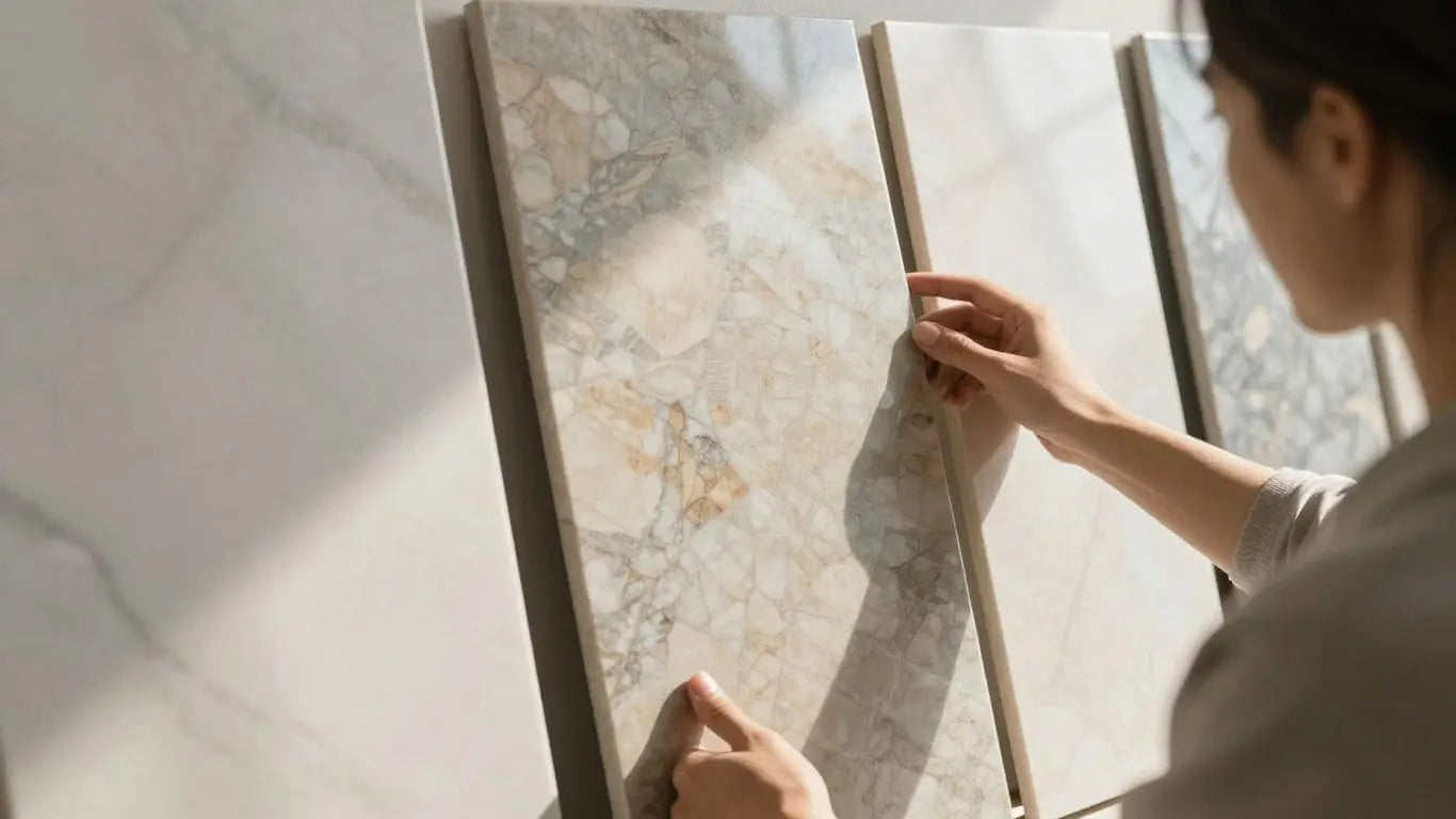 Luxury marble tiles with intricate veining and polished surfaces.