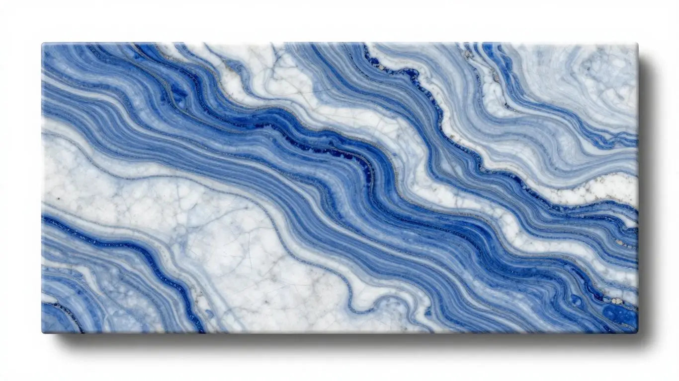 Polished Blue Lagoon marble slab with swirling blue and white patterns.