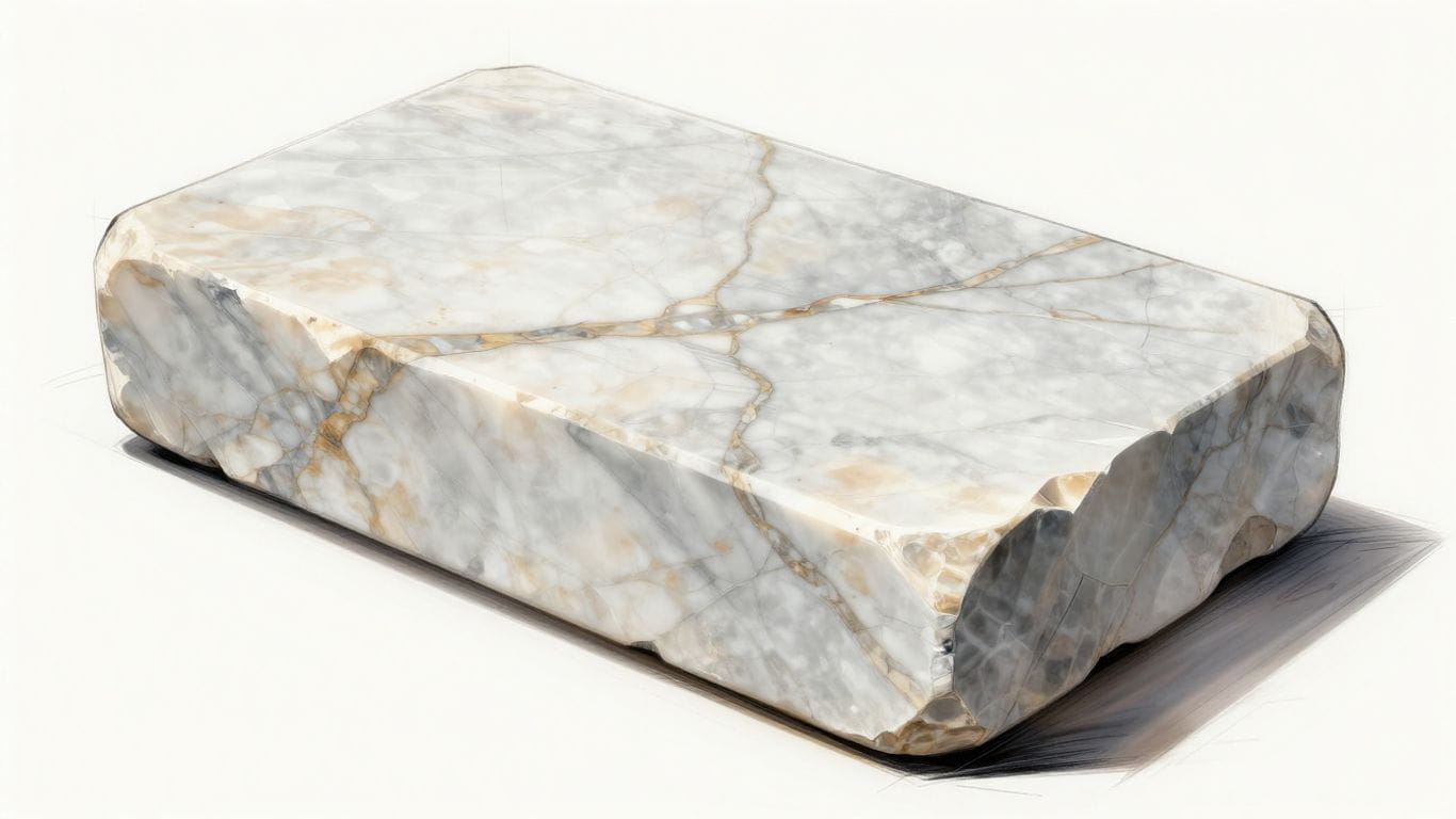 Marble block transforming into polished slab sketch.