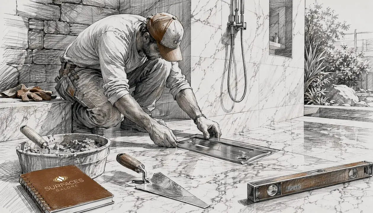 Close-up of marble shower drain base installation
