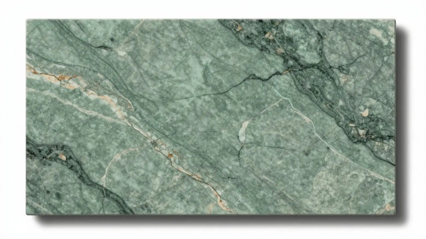 Ming Green marble tiles with intricate veining.