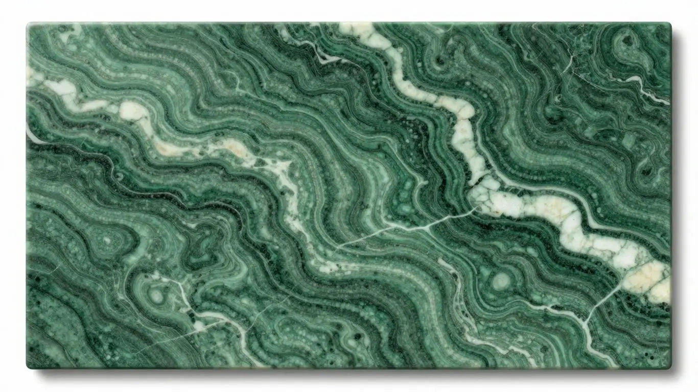 Ming green marble tiles with natural veining.