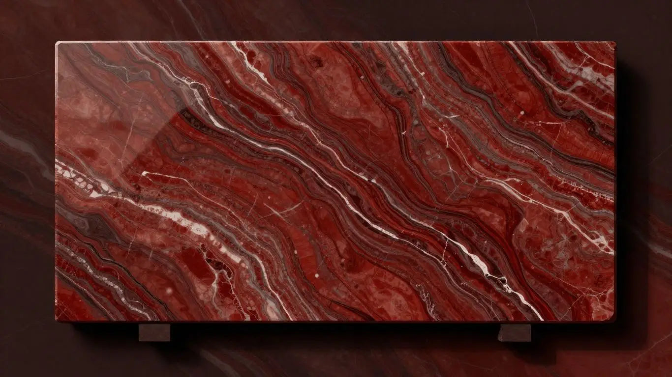Rosso Levanto marble slabs with deep red veining.