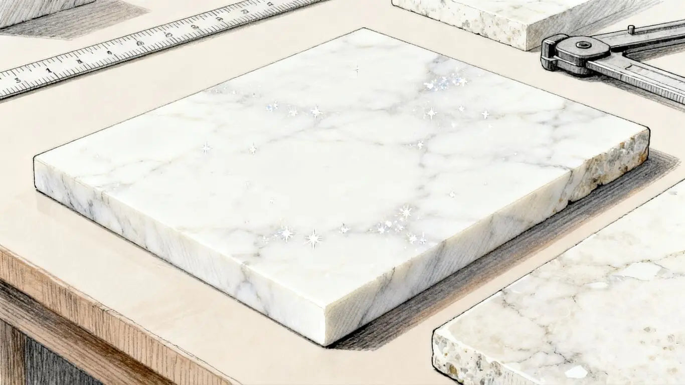 Close view of polished white Thassos marble surface