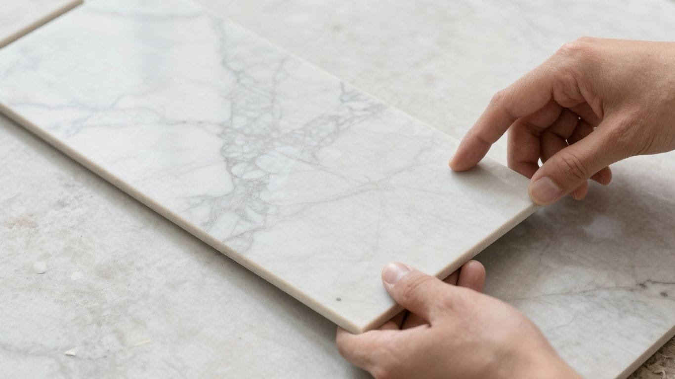 Marble tile selection and subfloor preparation sketch.
