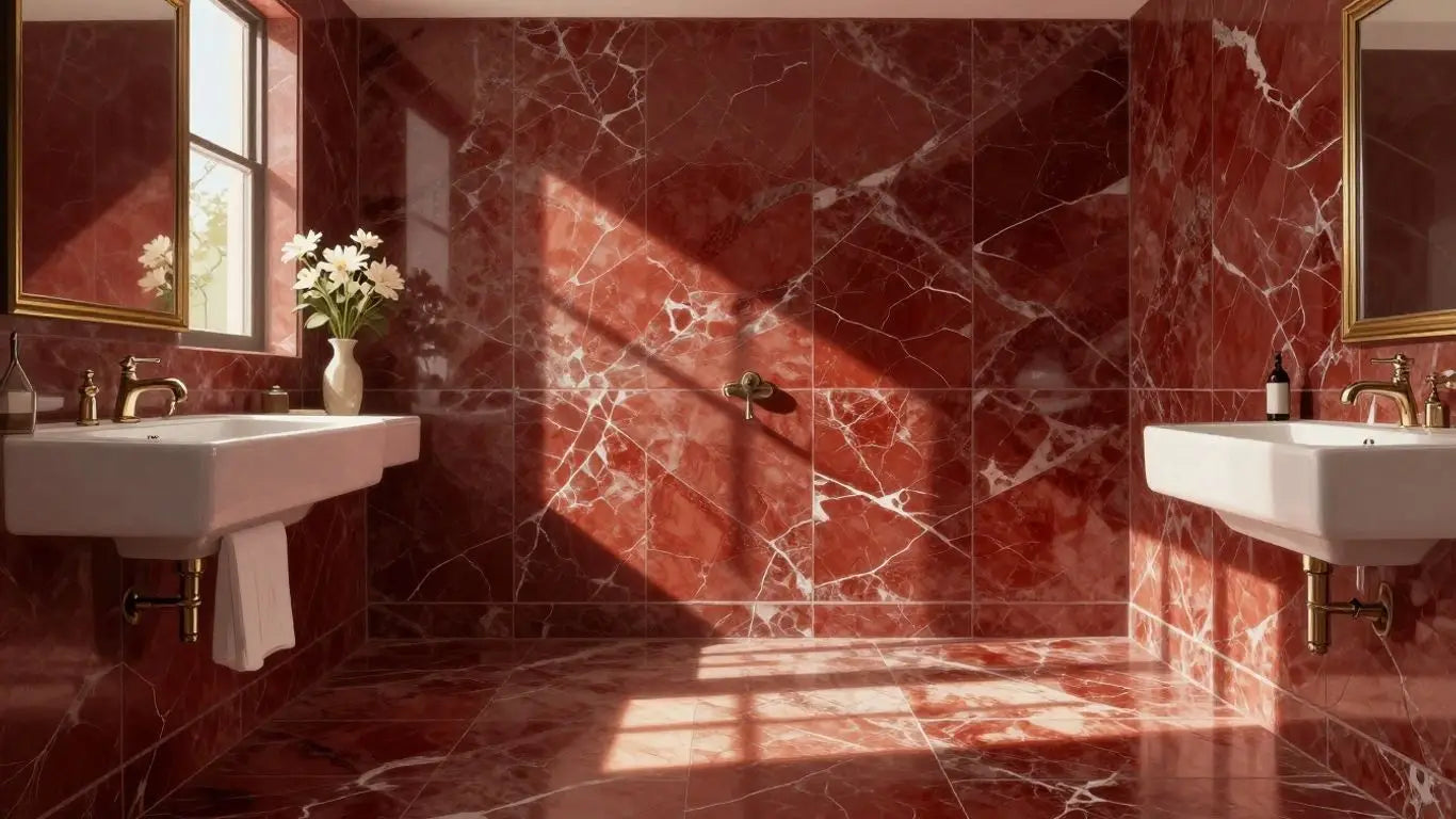 Rojo Alicante marble tiles in a bathroom setting.