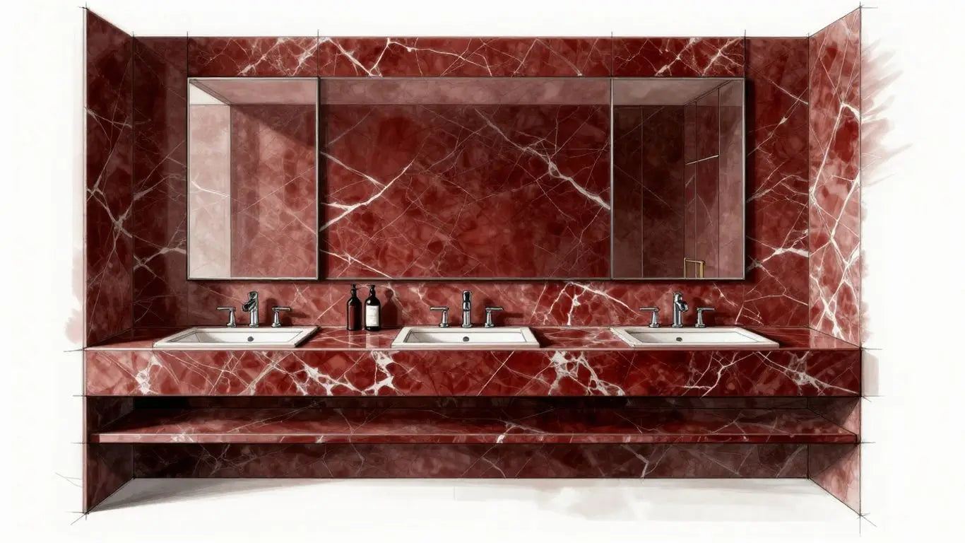 Rojo Alicante marble vanity and wall panel sketch.