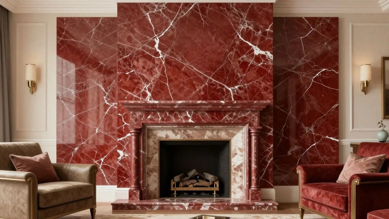 Rojo Alicante marble fireplace and accent wall in a luxury home.