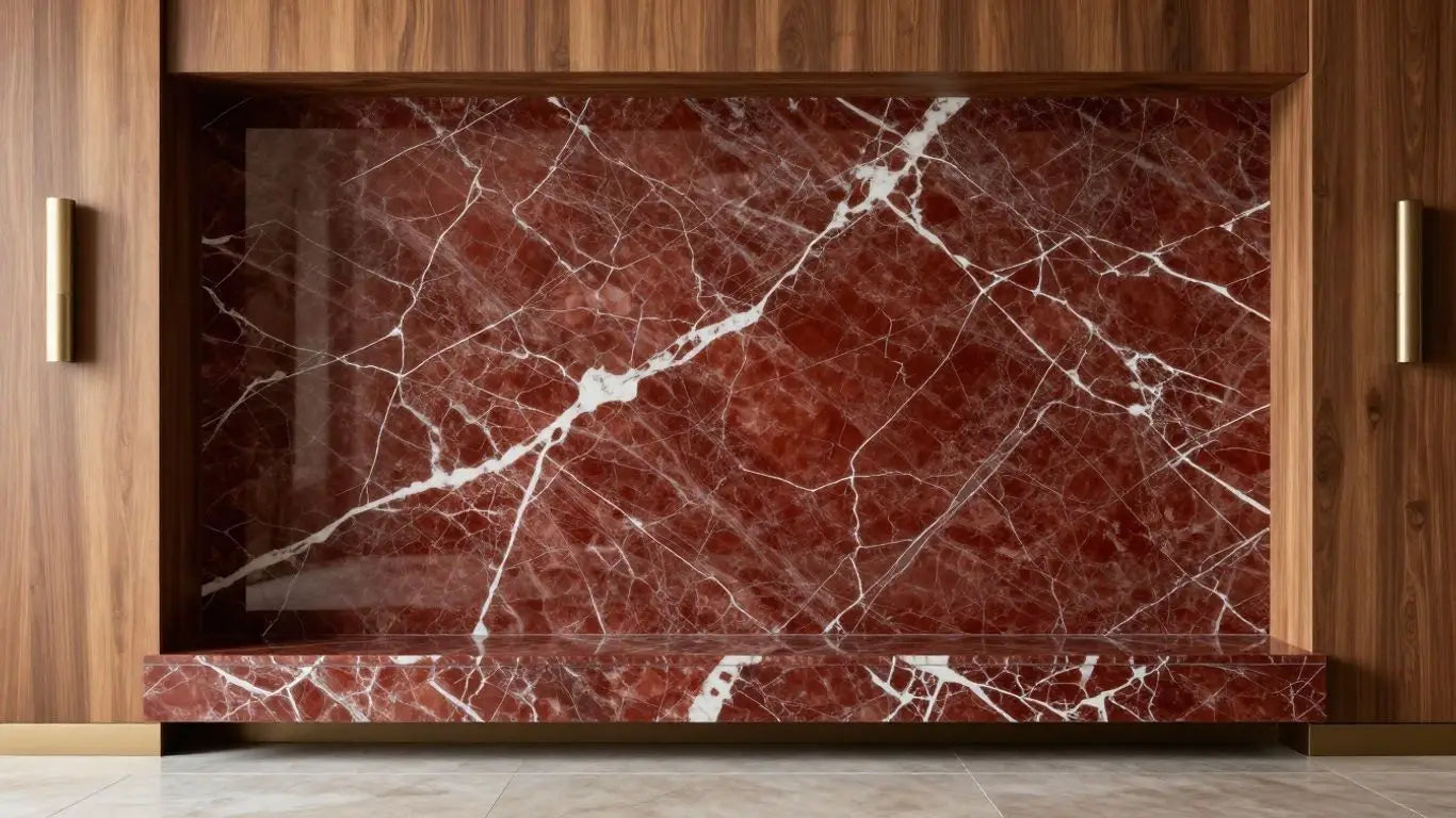 Rojo Alicante marble accent wall in a luxury home.