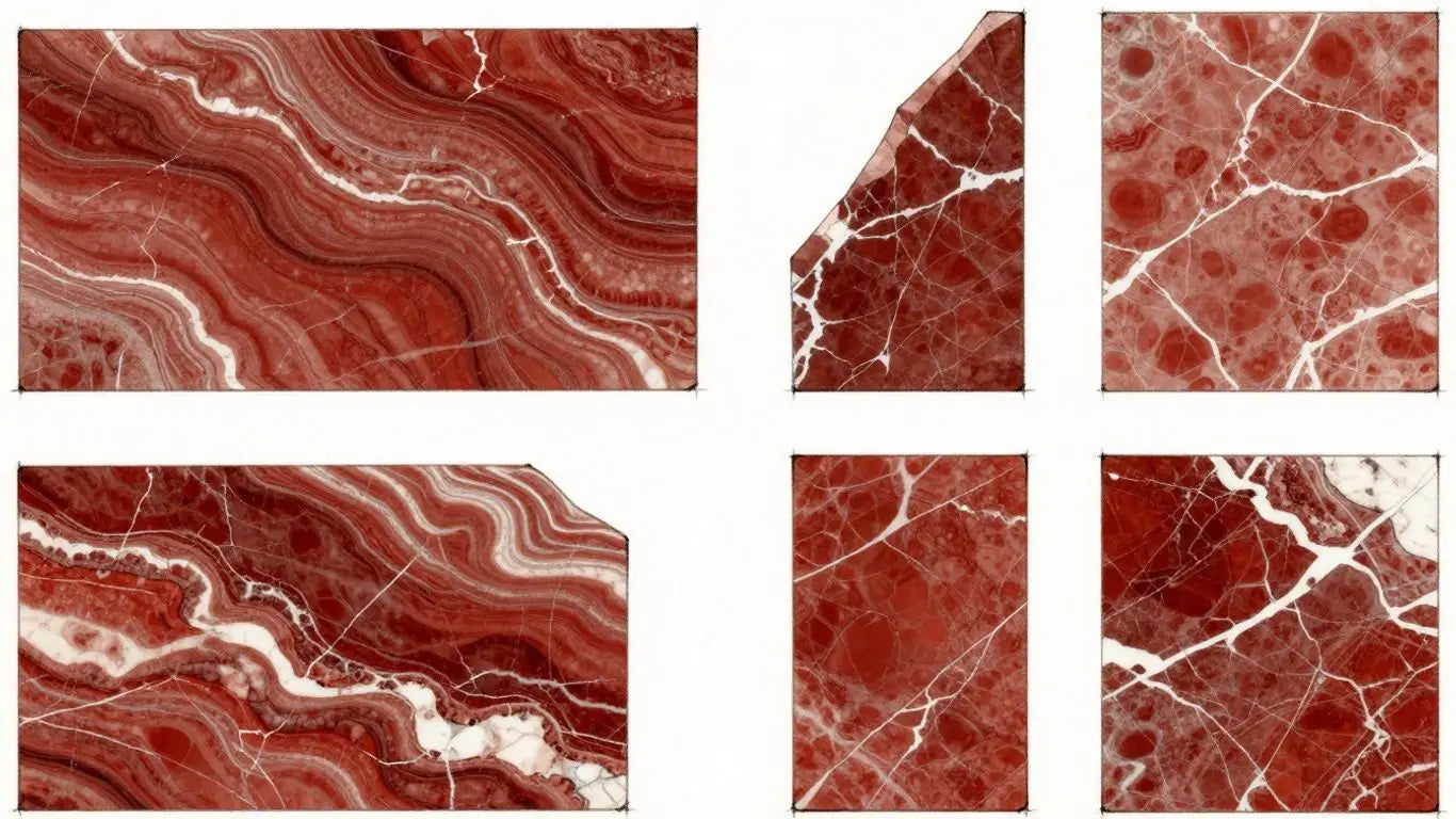 Rojo Alicante marble collection sketch with red and white veins.