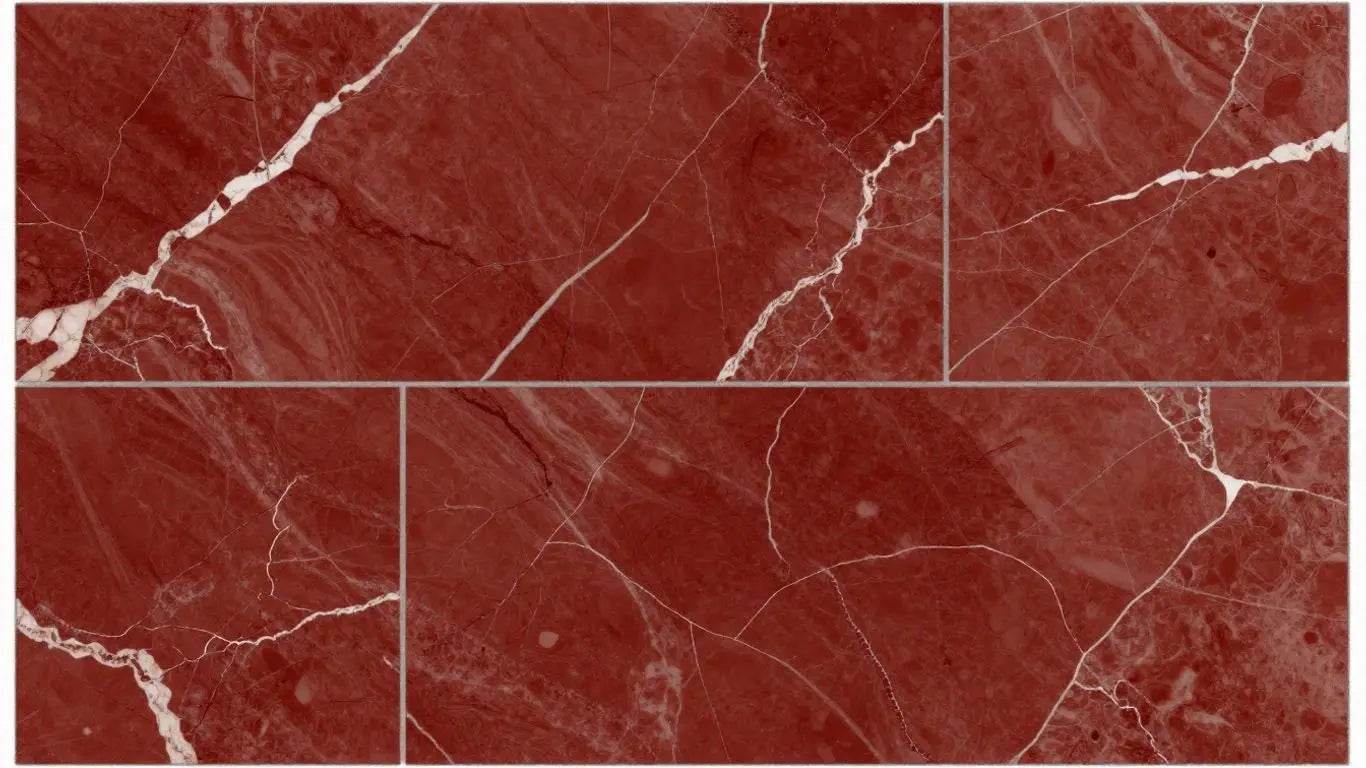 Rosso Levanto marble tiles with red and white veins.
