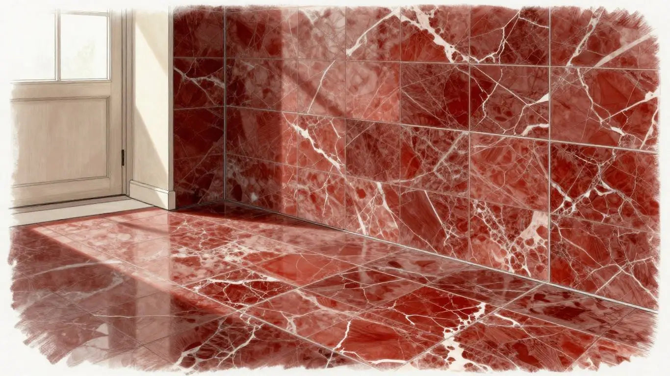 Rojo Alicante marble tiles in a room sketch.