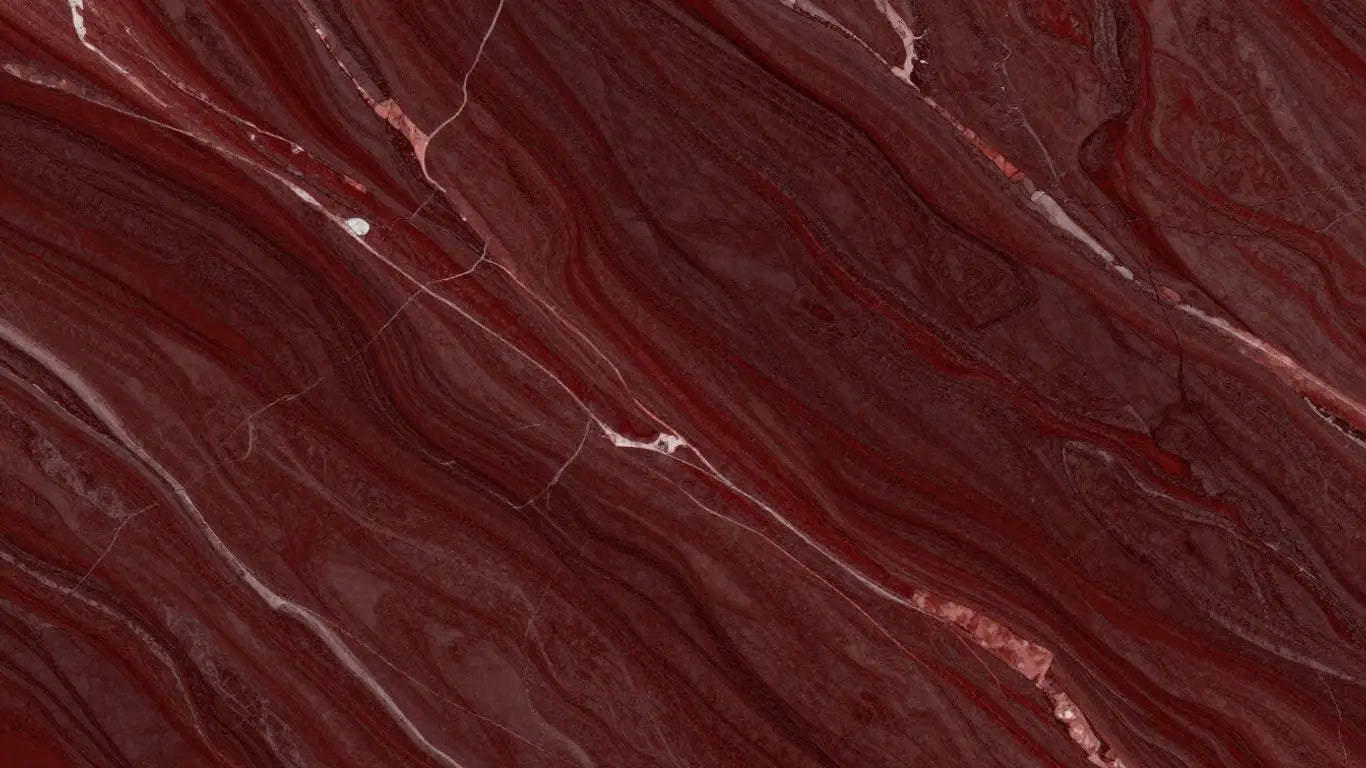 Rosso Levanto marble tiles with deep red veins.