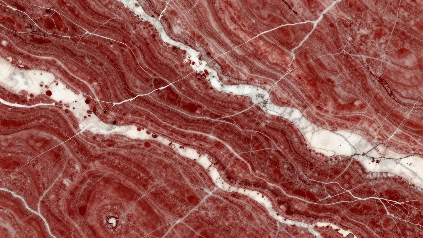 Rojo Alicante marble slabs with red and white veins.