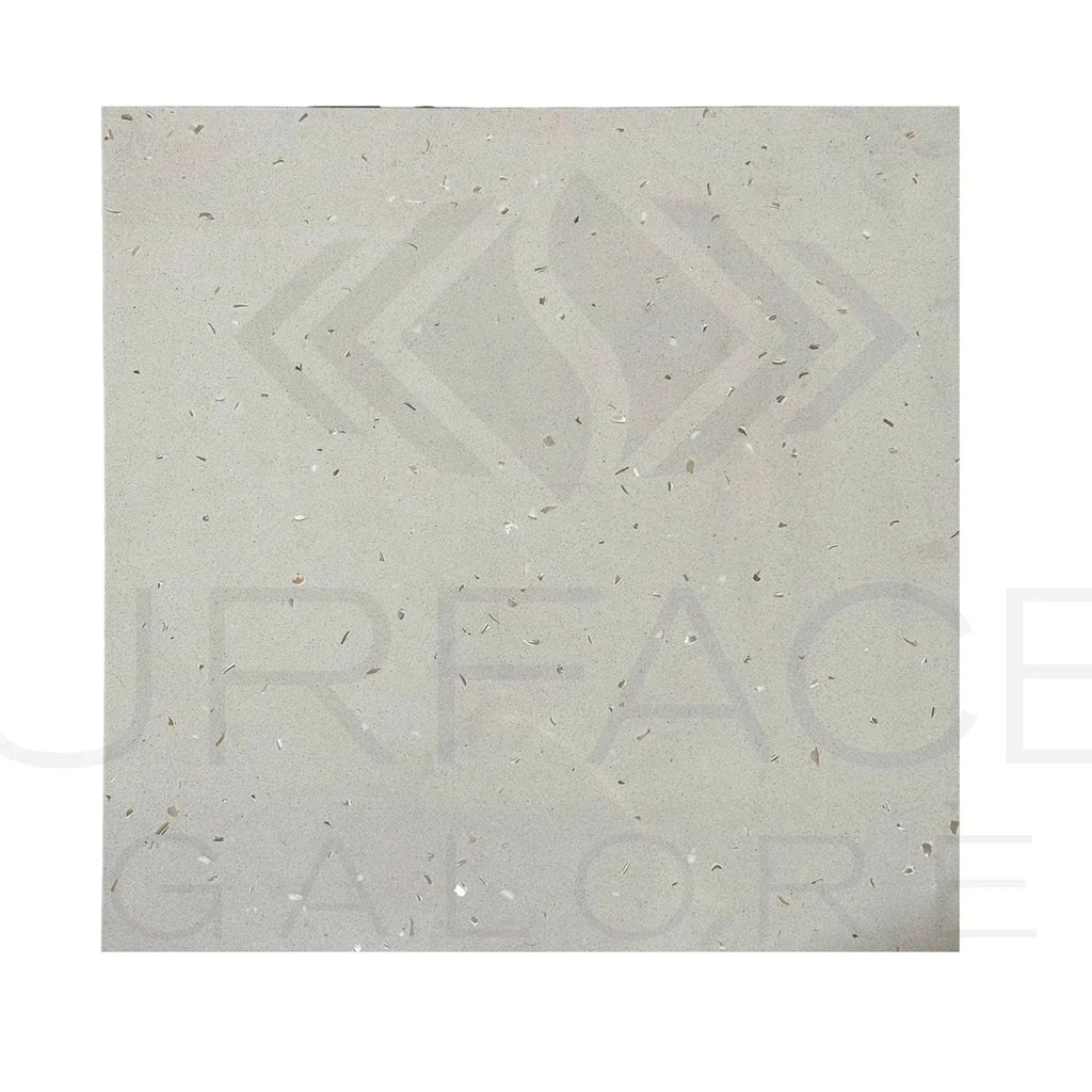 Riviera Quartz 24X24 Polished Tile featuring a square white surface with silver flecks