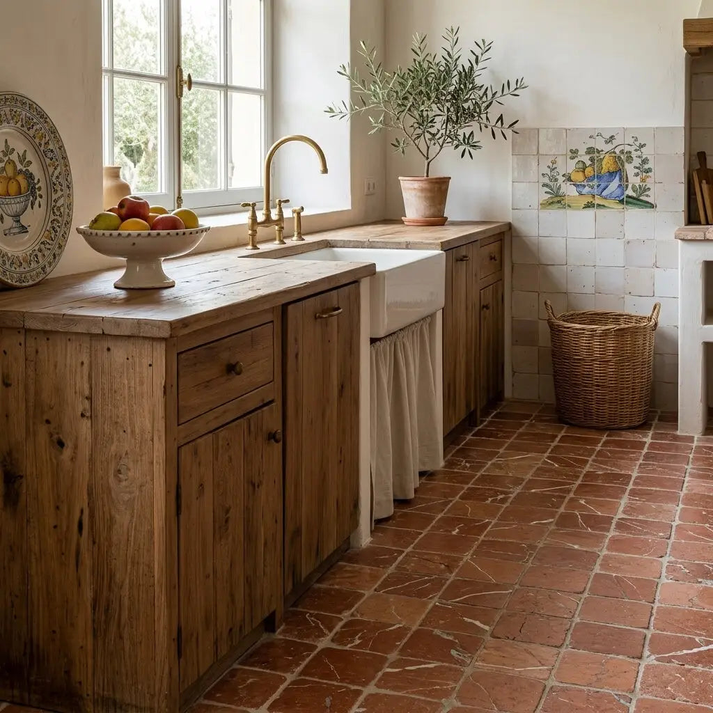 Rustic wooden kitchen counter topped with a white ceramic bowl of fruit on rojo alicante 3x3 tumbled tile
