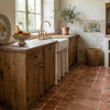 Rustic wooden kitchen counter with rojo alicante 3x3 tumbled natural stone countertop and brass faucet