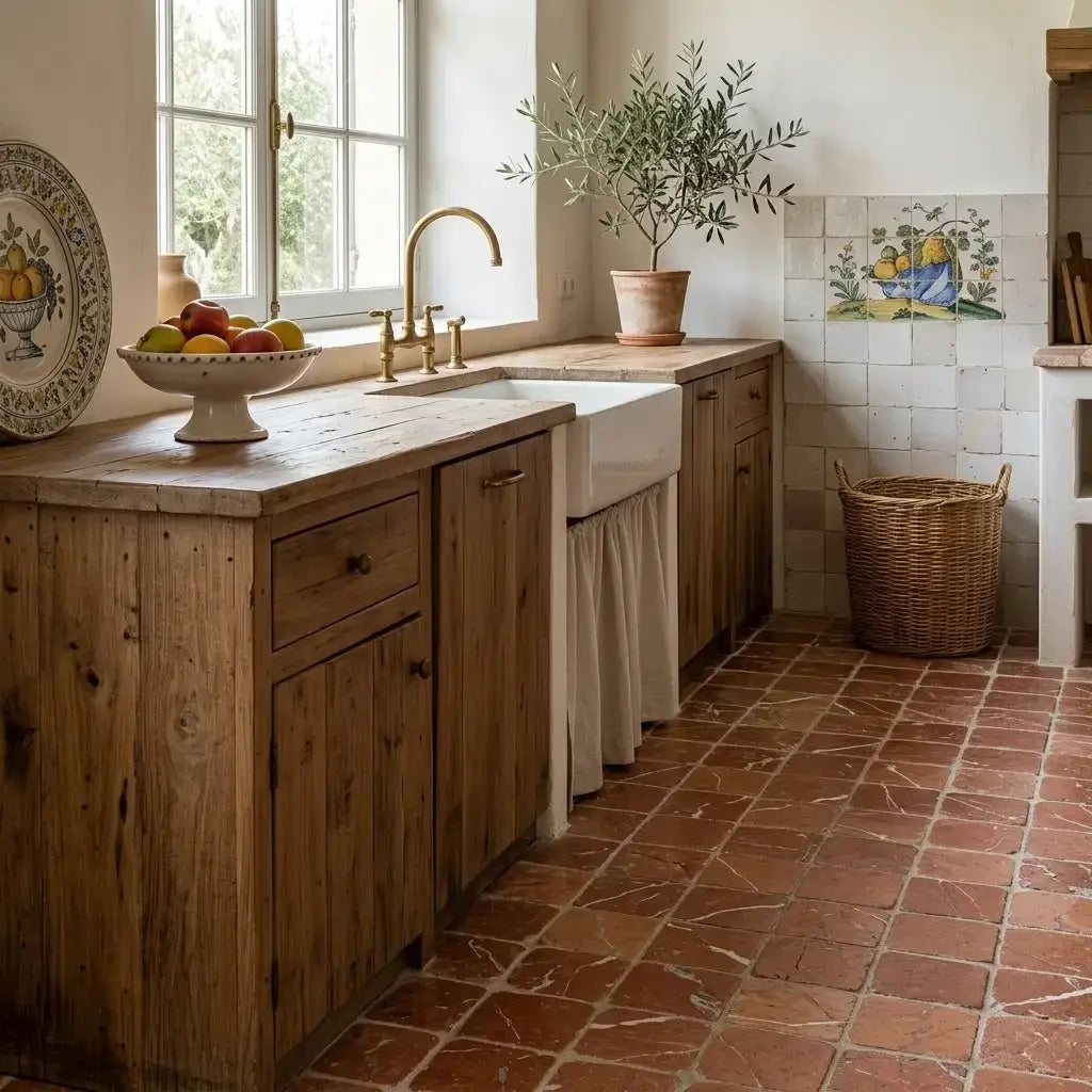 Rustic wooden kitchen counter with rojo alicante 3x3 tumbled natural stone countertop and brass faucet