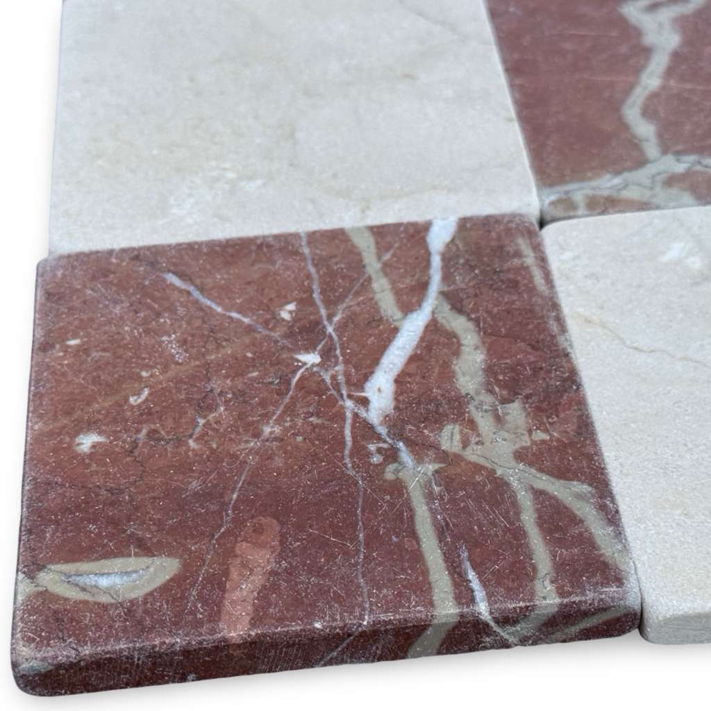 Polished Rojo Alicante 4X4 Tumbled marble mosaic with red, beige, white, and grey veining