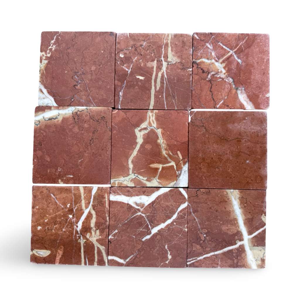 Nine square Rojo Alicante 4X4 tumbled red marble tiles with white and beige veining