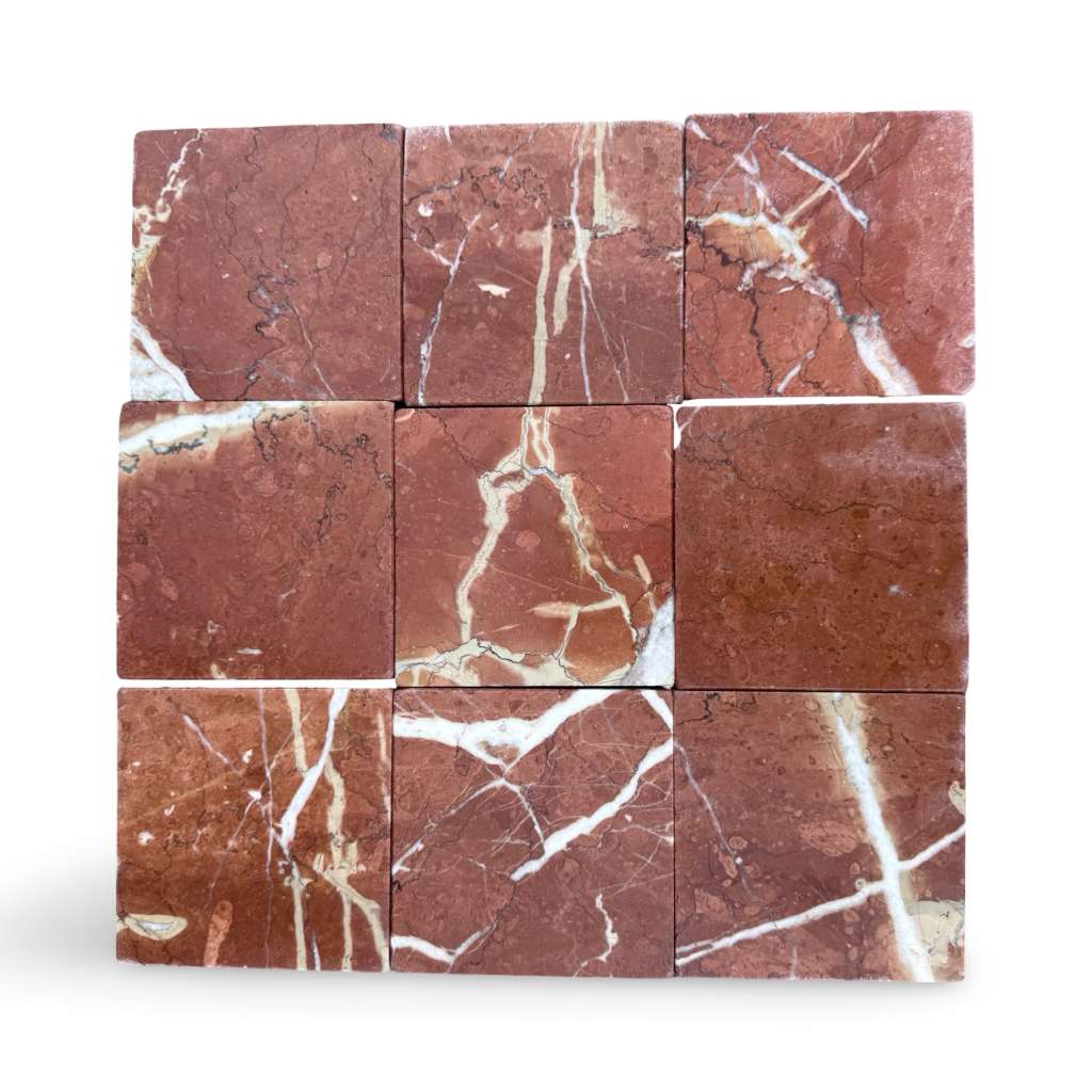 Nine red marble tiles with white and beige veining for Rojo Alicante 4X4 Tumbled product