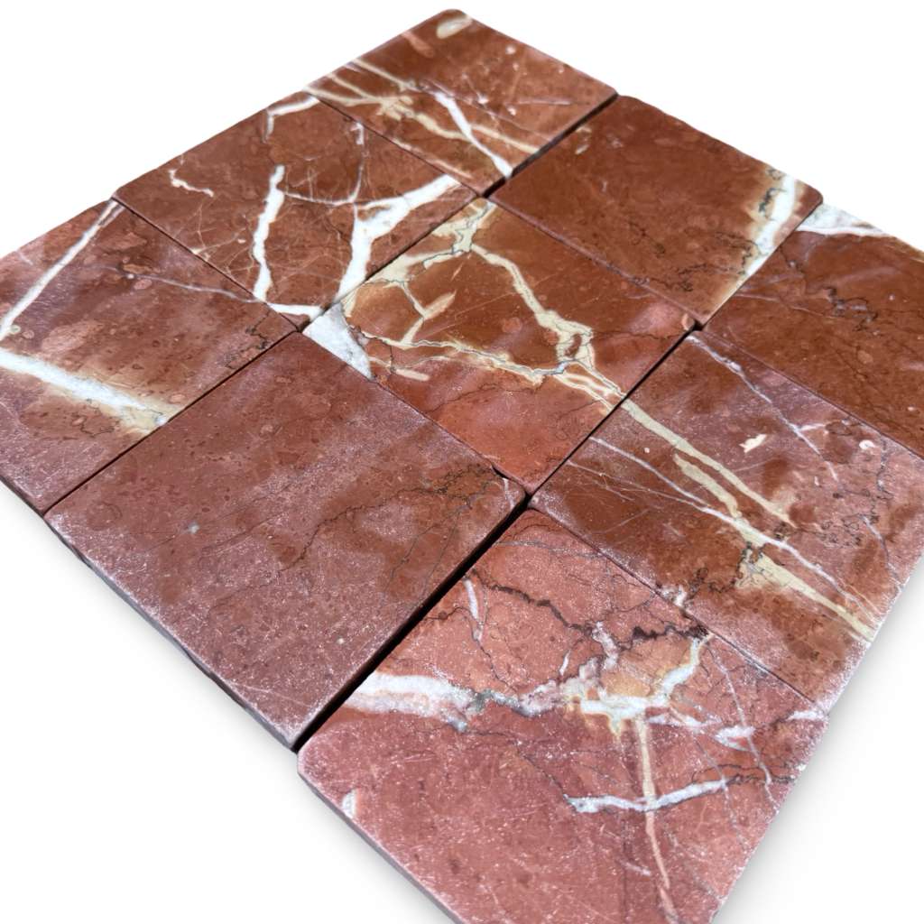 Red marble tiles with white and light brown veining for Rojo Alicante 4X4 Tumbled product