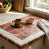 A rojo alicante 4x4 tumbled rustic red marble tile countertop with white veining and a matching white marble edge