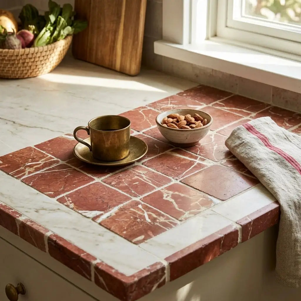 A rojo alicante 4x4 tumbled rustic red marble tile countertop with white veining and a matching white marble edge
