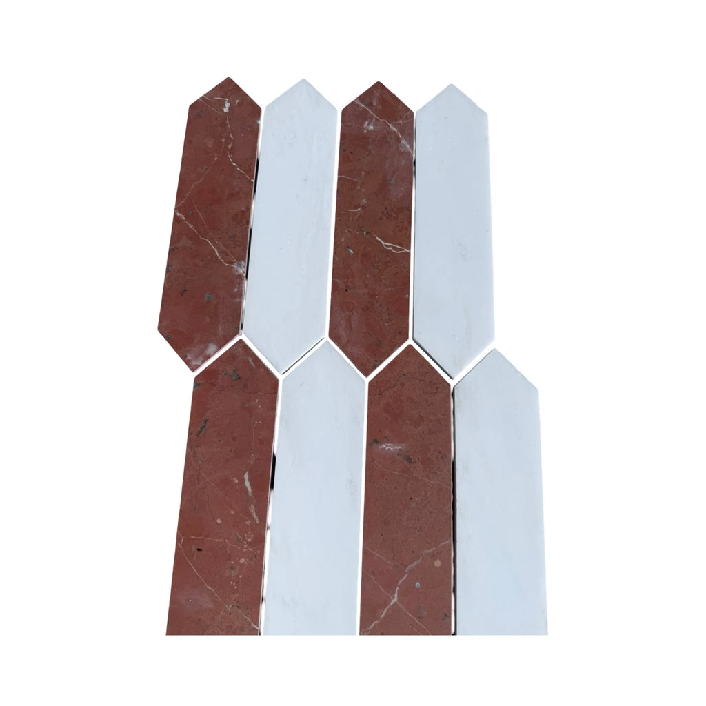 Alternating red and white picket tile mosaic Rojo Alicante Bianco Dolomite Marble 3 X 12