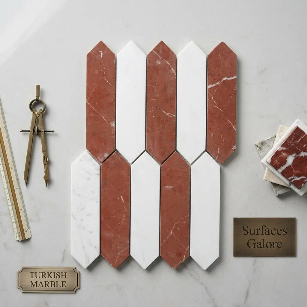 Rojo Alicante and Bianco Dolomite marble 3 x 12 inch picket mosaic tiles with red and white geometric design