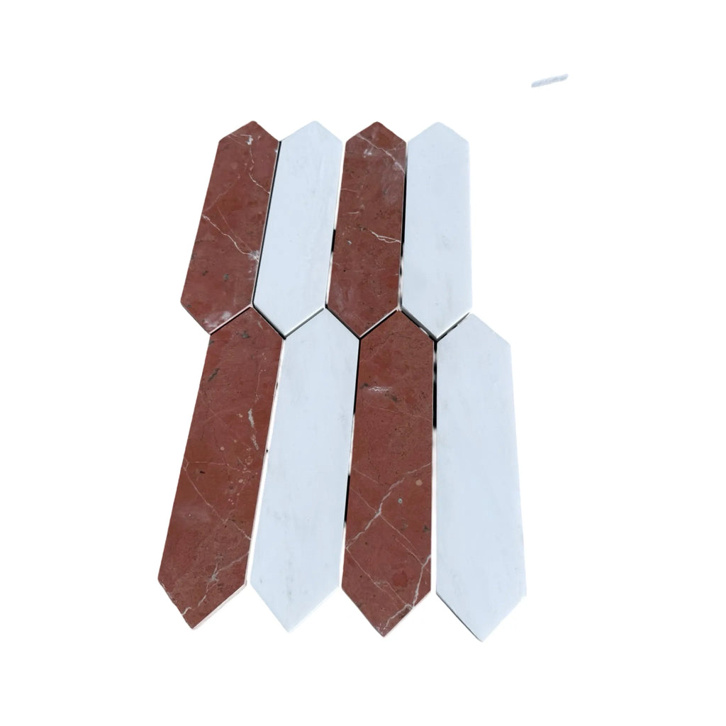Alternating red and white marble tiles in Rojo Alicante & Bianco Dolomite mosaic design