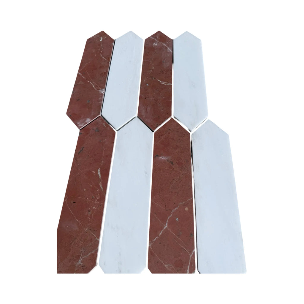 Alternating red and white picket fence tile mosaic in Rojo Alicante & Bianco Dolomite Marble