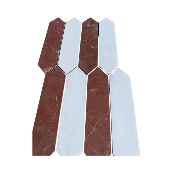 Alternating red and white picket fence tile mosaic in Rojo Alicante & Bianco Dolomite Marble