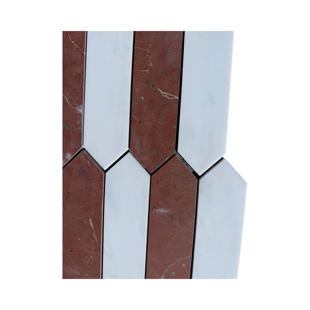 Alternating red and white geometric tiles in Rojo Alicante & Bianco Dolomite Mosaic