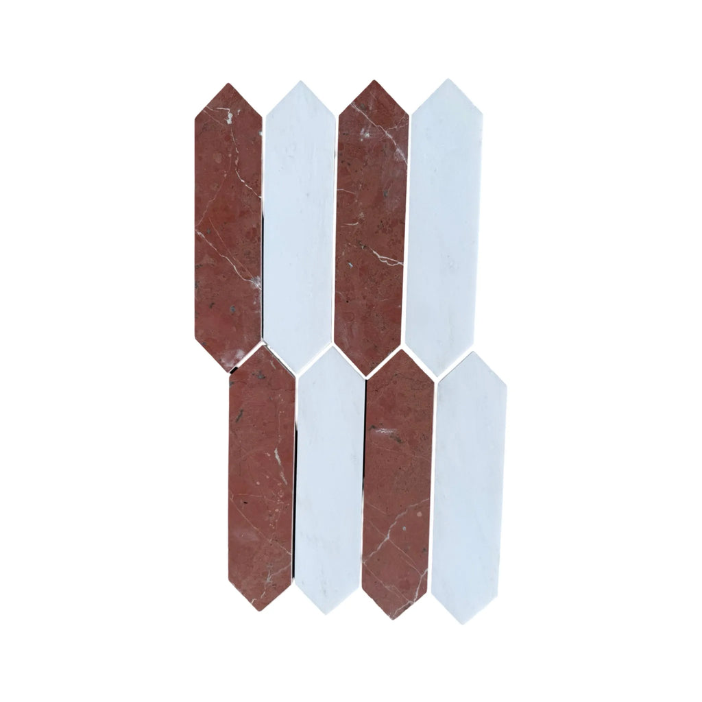 Alternating red and white picket tile mosaic in Rojo Alicante & Bianco Dolomite Marble
