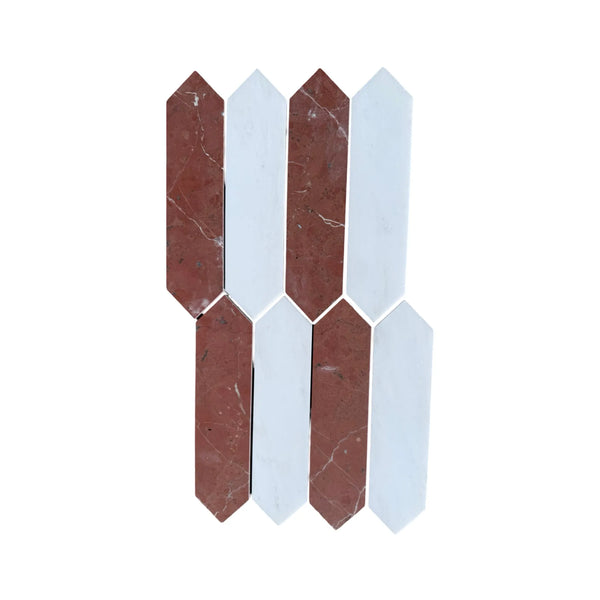 Alternating red and white picket tile mosaic in Rojo Alicante & Bianco Dolomite Marble