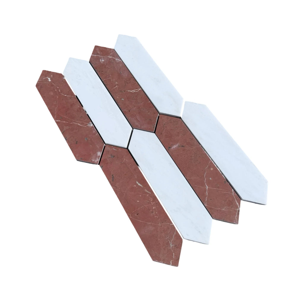 Alternating red and white elongated hexagon tiles in Rojo Alicante and Bianco Dolomite Mosaic