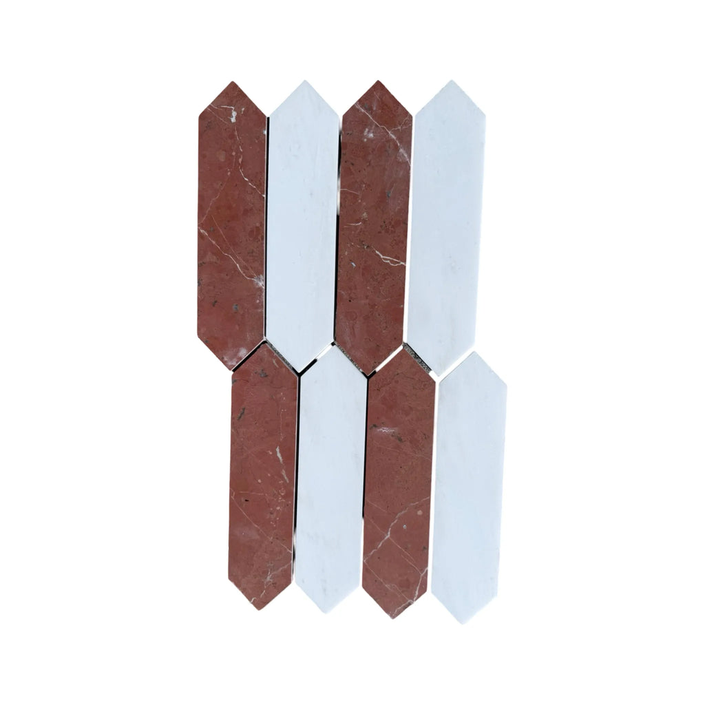 Alternating red and white picket tiles of Rojo Alicante and Bianco Dolomite Marble